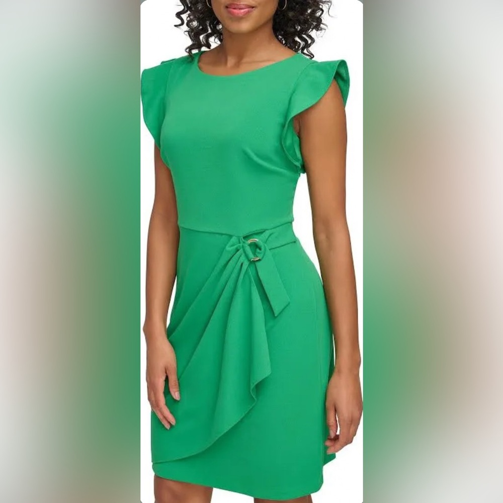 DKNY Bright Green Midi Dress with Ruffle Detail